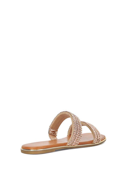 Embellished flat sandals with braided rhinestone straps and tan footbed