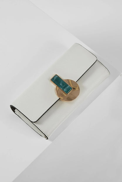 White leather clutch with gold-tone clasp and snap closure