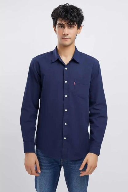 Levi's men's navy button-up shirt with long sleeves and chest logo