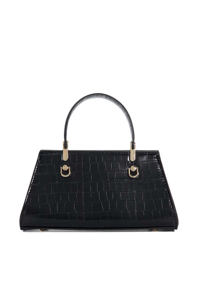 Black croc-embossed mini handbag with two top handles, structured front panel