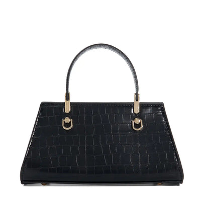 Black croc-embossed handbag with double top handles and gold hardware