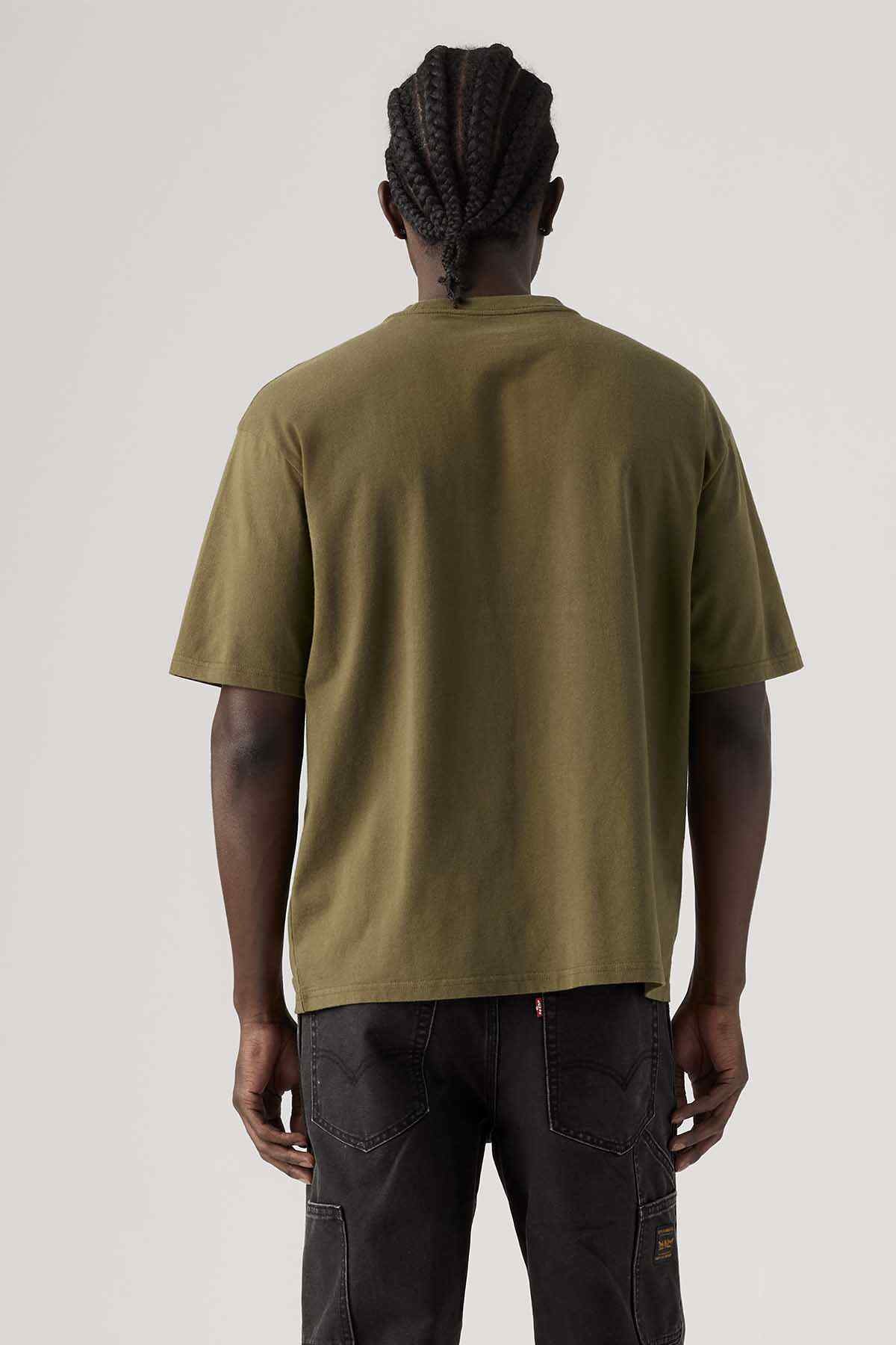 Olive green crewneck T-shirt, short sleeves, back view