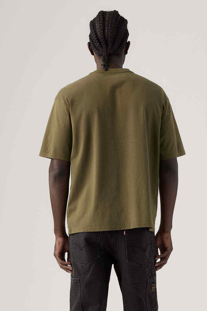 Olive green crewneck T-shirt, short sleeves, back view