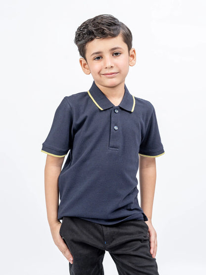 Kids navy cotton polo shirt with yellow-trim collar and three-button placket