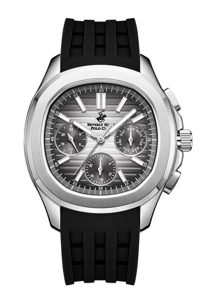 Round chronograph wristwatch with black dial, silver case, and black silicone strap