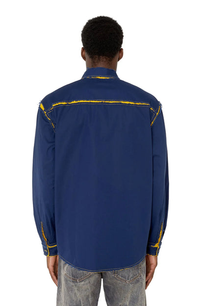 Diesel blue button-up shirt from back with yellow-trim yoke and button placket.