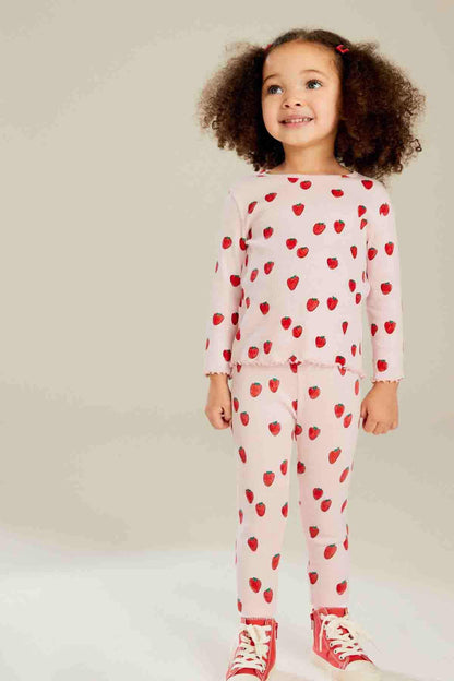 Kids' strawberry print pajama set with long sleeves and pants, full front view