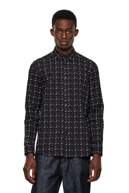 Men's black Diesel patterned button-up shirt with long sleeves and collar