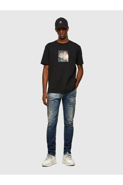 Black crew-neck T-shirt with colorful square front graphic, full body view