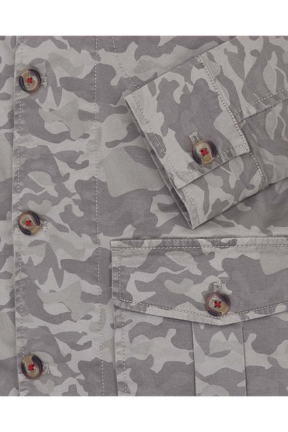 Camouflage jacket close-up: buttoned chest pocket and cuff