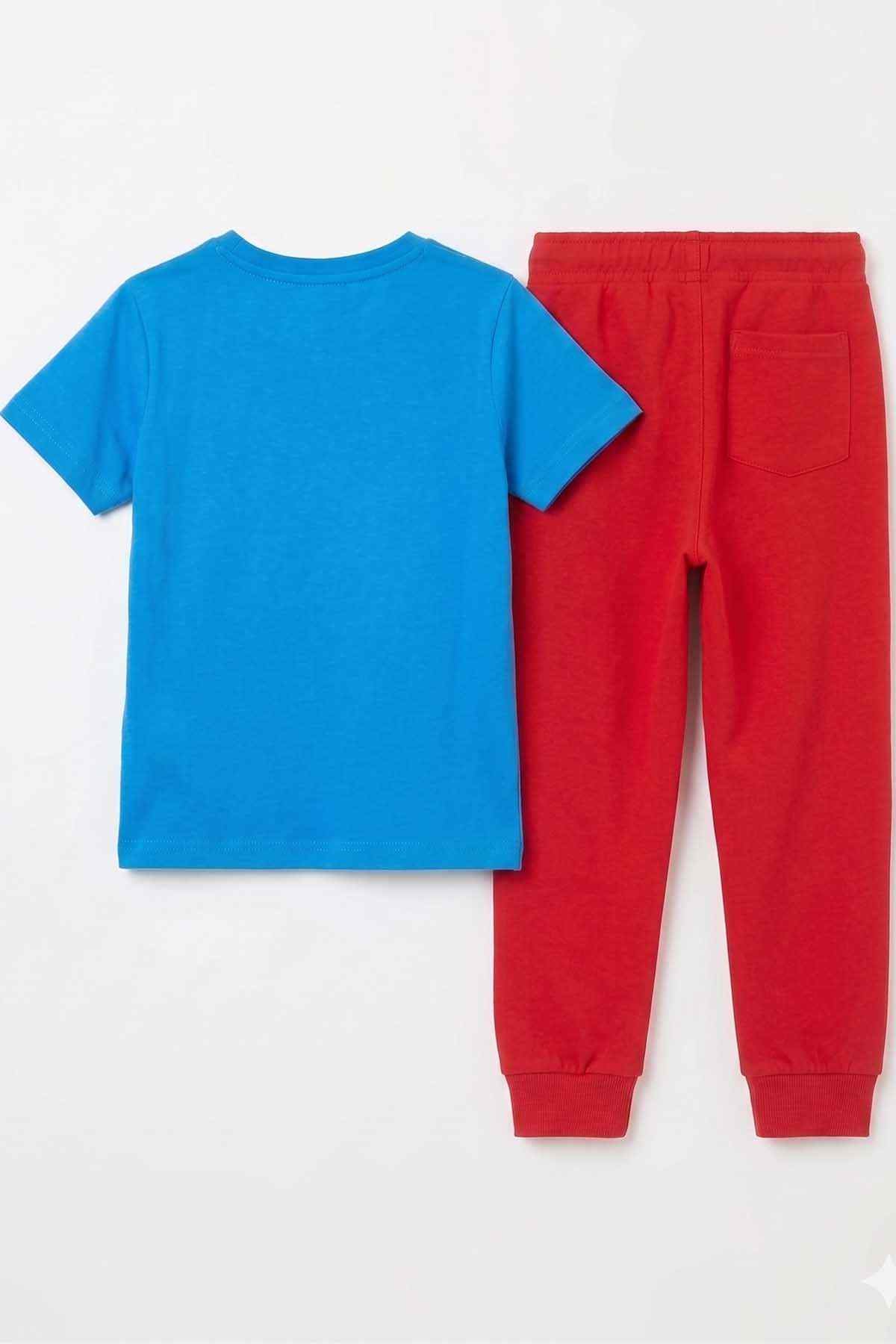 Kids plain blue T-shirt and red jogger pants set