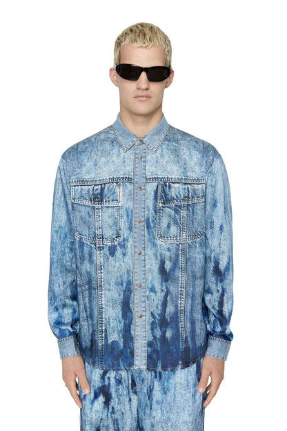 Light blue denim shirt with button front and chest pockets, long sleeves
