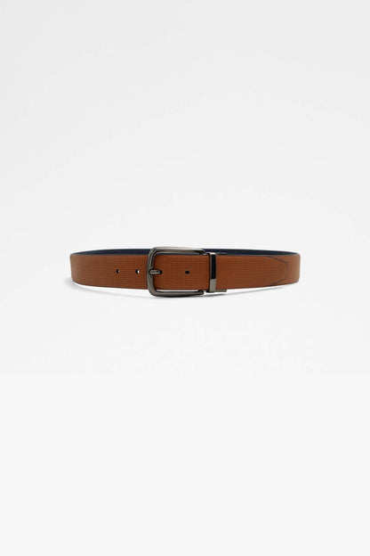 Brown leather belt with rectangular metal buckle and pin holes