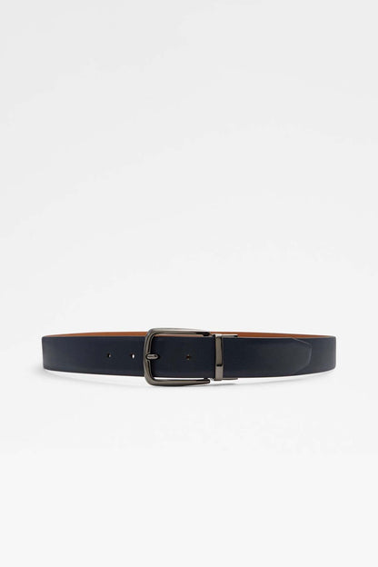 Navy leather belt with rectangular metal buckle and pin holes