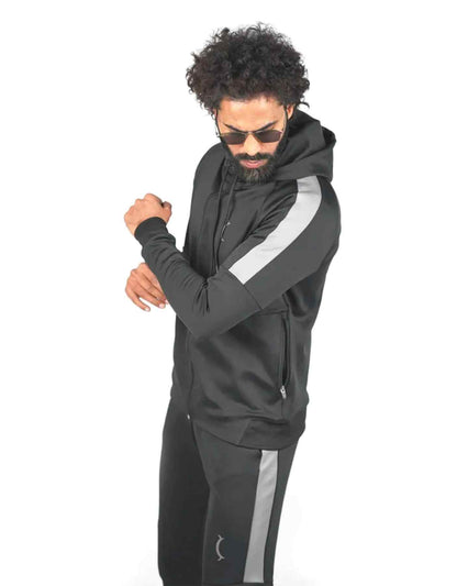 Men's black hooded zip jacket and track pants set with gray stripe, kangaroo pocket, logo