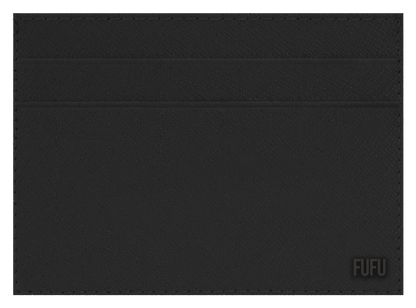 Black card holder with stitched seams and small FUFU logo on lower right