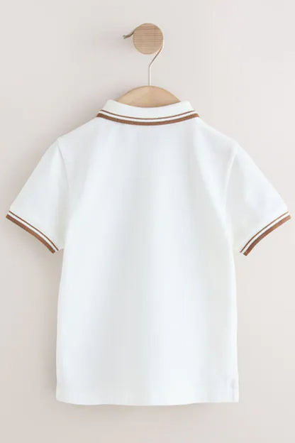 Children's white polo shirt back view with brown-striped collar trim