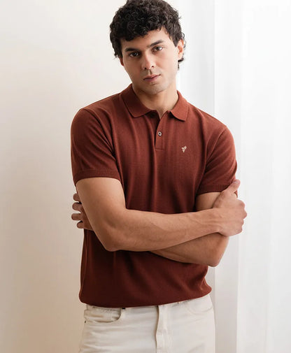 Fitted dark brown polo shirt with buttoned placket and embroidered chest logo