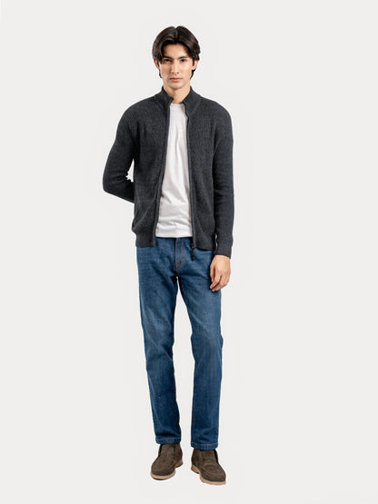 Charcoal zip cardigan sweater with ribbed cuffs and collar