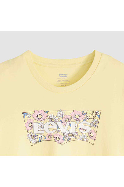 Yellow T-shirt close-up: crew neck and floral front logo graphic in pastel colors