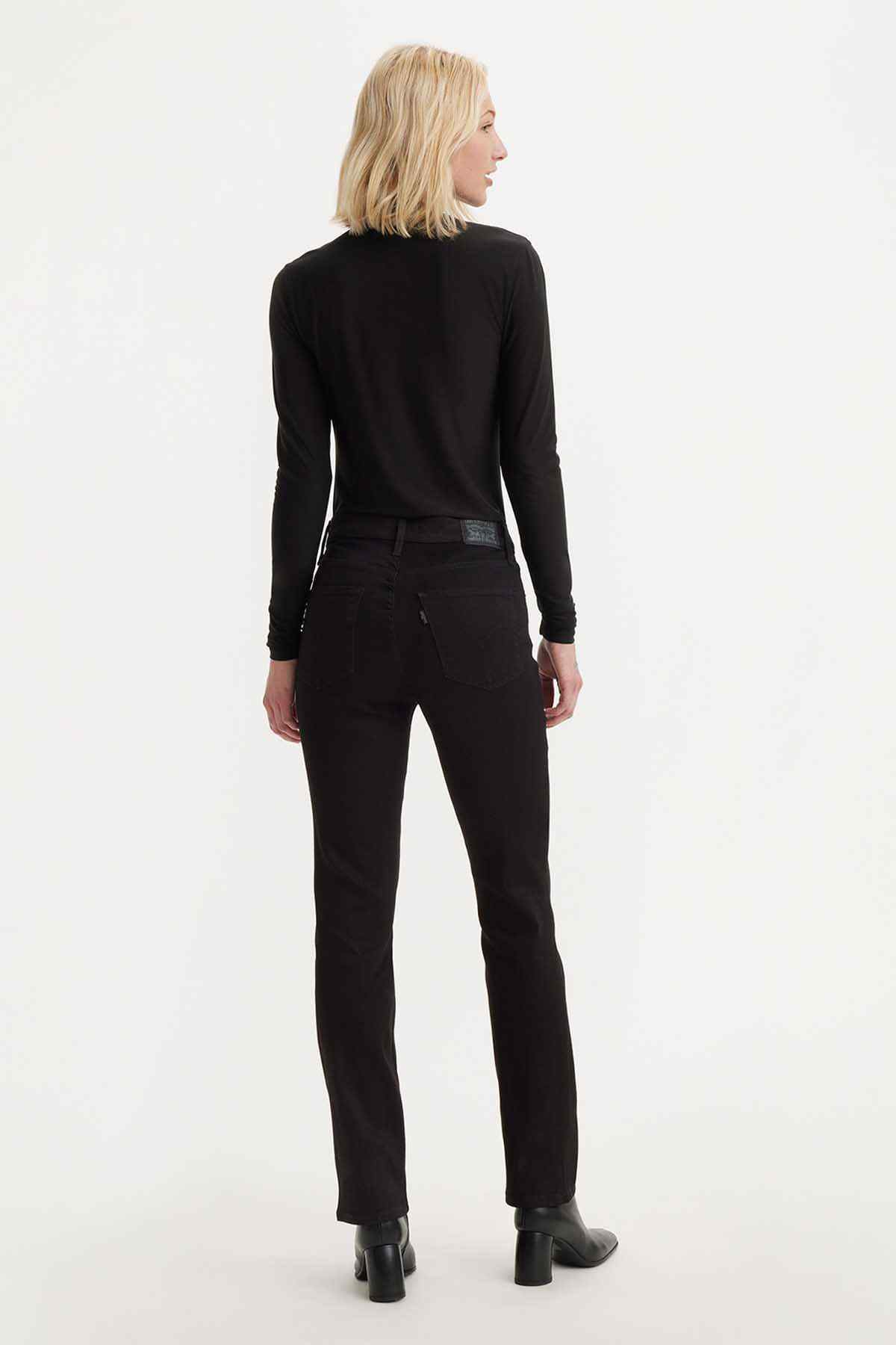 Black jeans back view with belt loops and straight leg openings