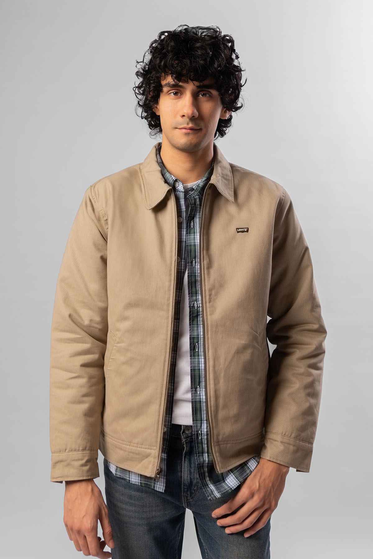 Men's Levi's beige zip-up jacket with stand collar and chest logo patch