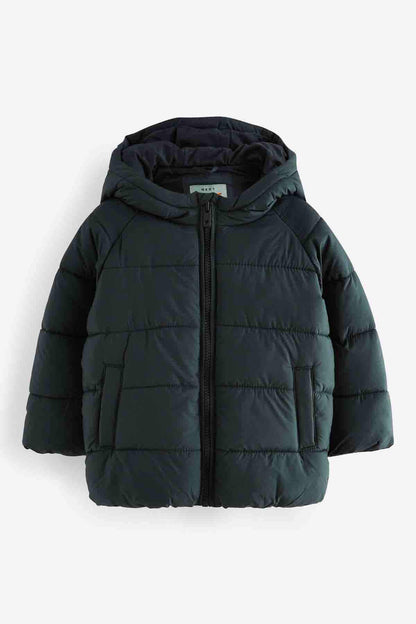 Dark green hooded puffer jacket with front zipper and quilted sleeves