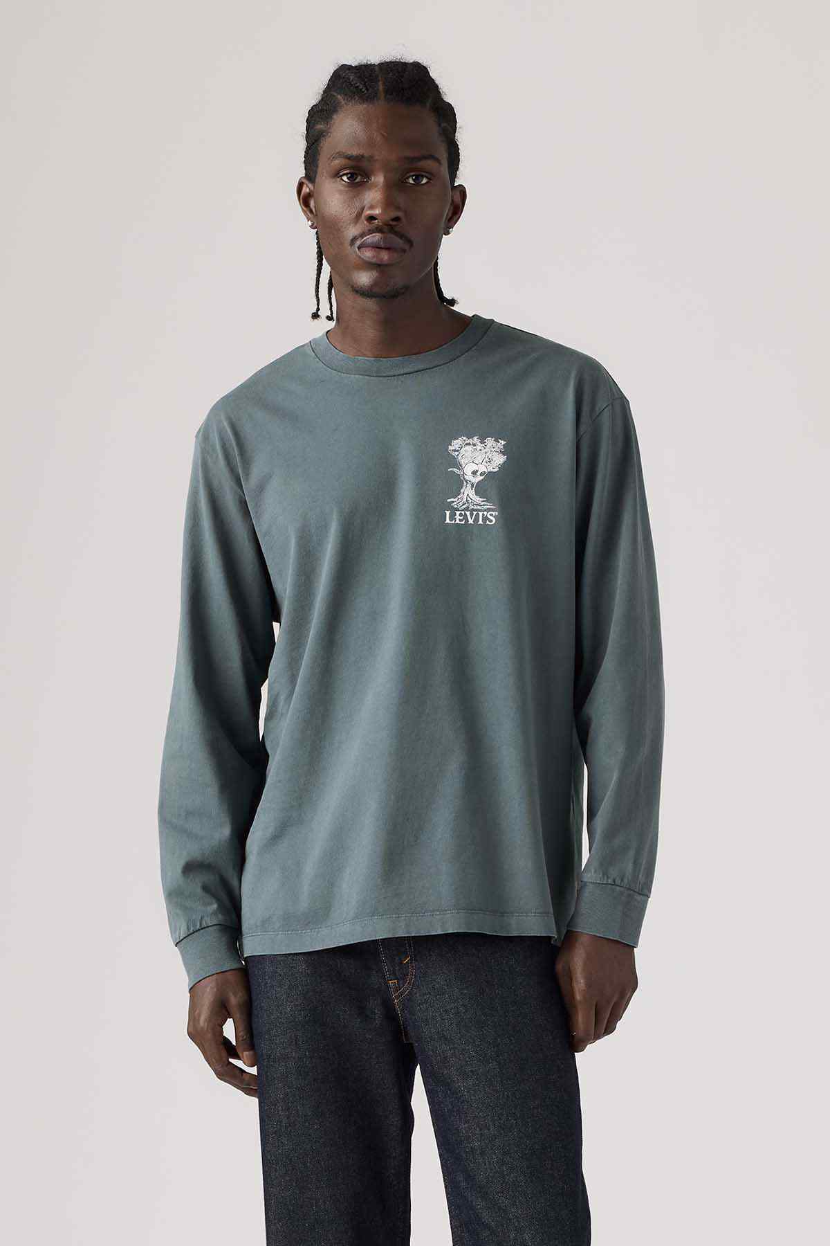 Slate gray crewneck sweatshirt with small chest logo and long sleeves