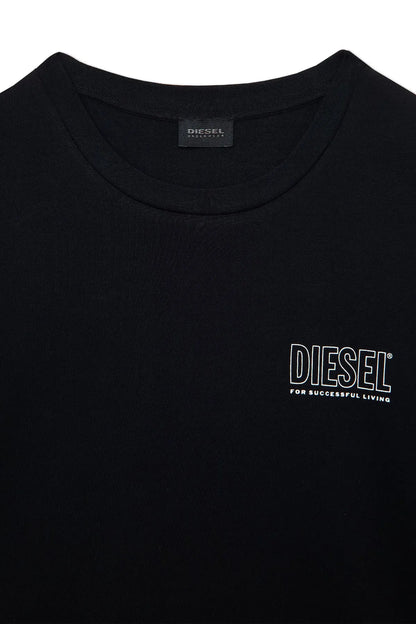 Black crew-neck T-shirt close-up of Diesel logo print and neck label