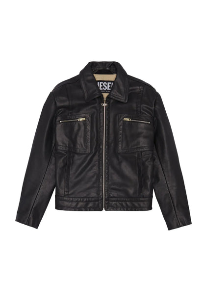 Black leather jacket with front zipper, stand collar, two chest zip pockets