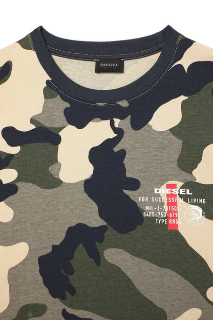 Camo crew-neck T-shirt close-up with dark navy neckline and chest text logo on green fabric