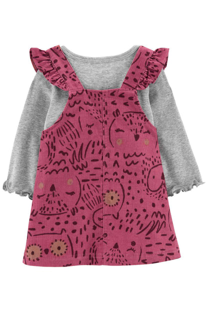 Girls' pink patterned pinafore dress with ruffled shoulder straps, button front