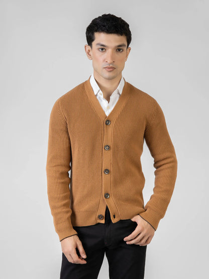 Brumano men's brown cotton cardigan, V-neck button placket, straight front view