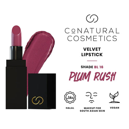Velvet lipstick shade BL 16 Plum Rush; open bullet in berry-purple shade