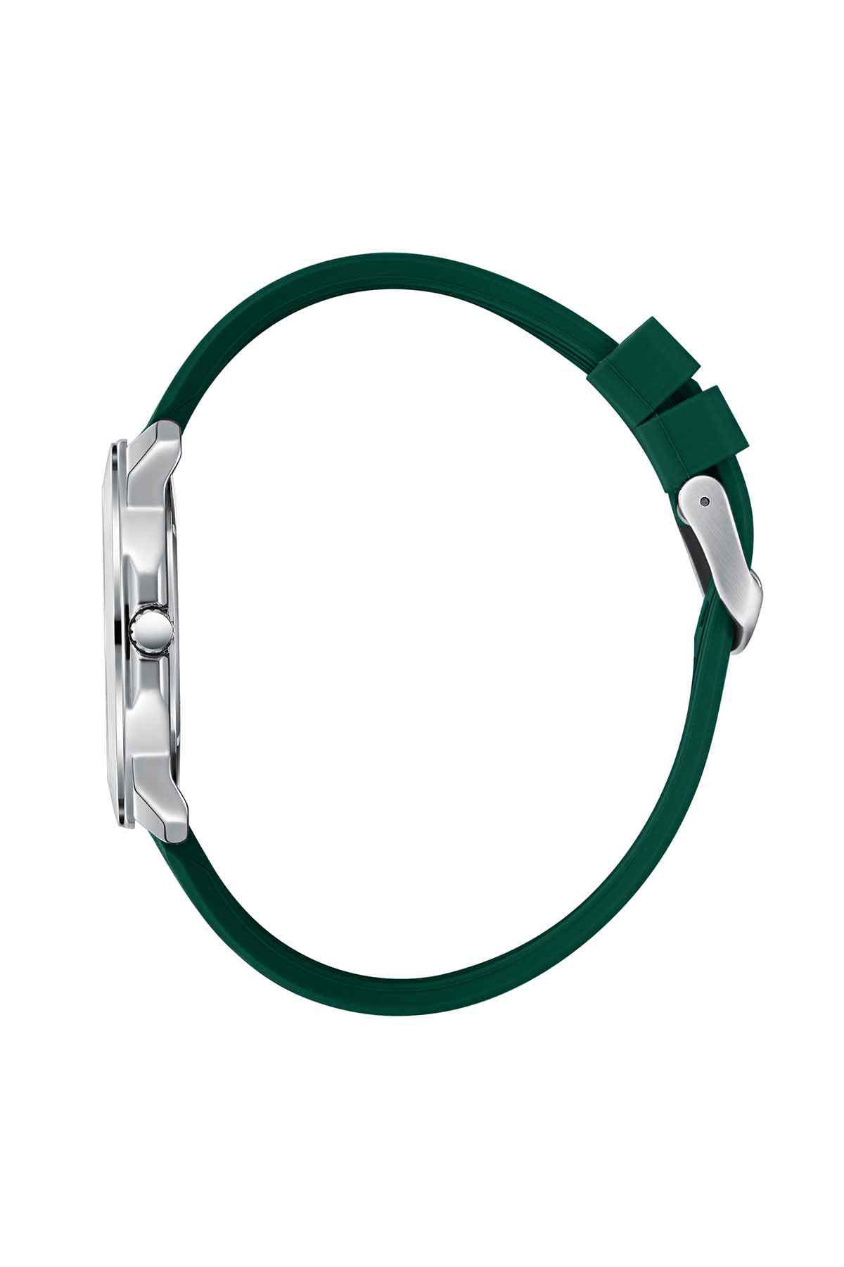 Dark green leather-look strap wristwatch with silver-tone case, side profile