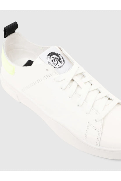 White low-top sneakers with logo patch, perforated paneling, and lace-up eyelets