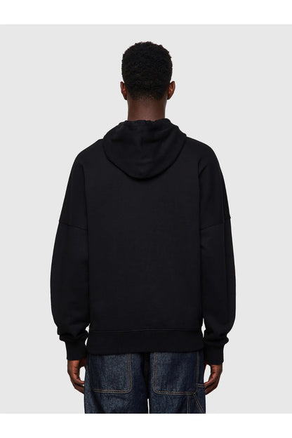 Black hoodie back view with hood and ribbed hem