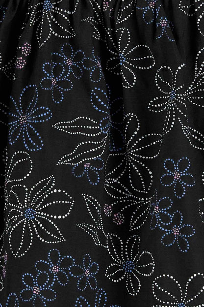 Carter's dark floral fabric with blue and pink dotted flower pattern close-up