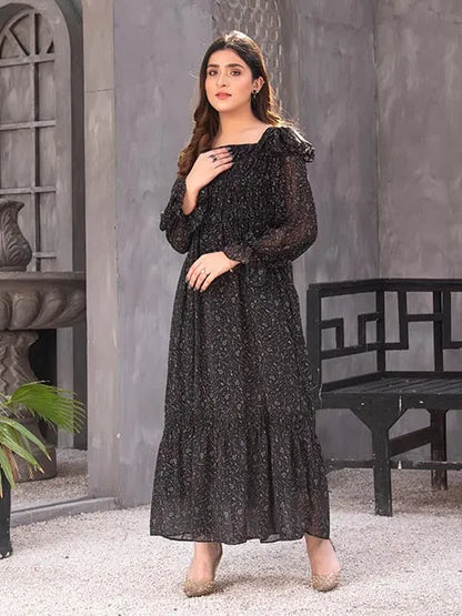 Nazmina dark long-sleeve midi dress with off-shoulder neckline and tiered skirt