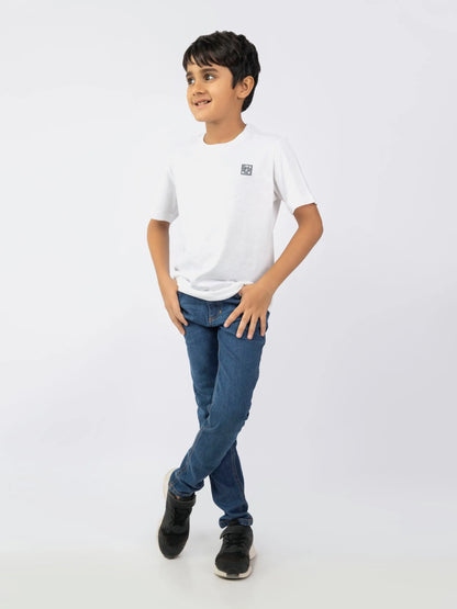 White cotton kids T-shirt with short sleeves and small chest square logo