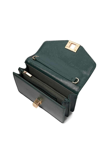 Dune London dark green crossbody bag open, showing interior pocket and strap