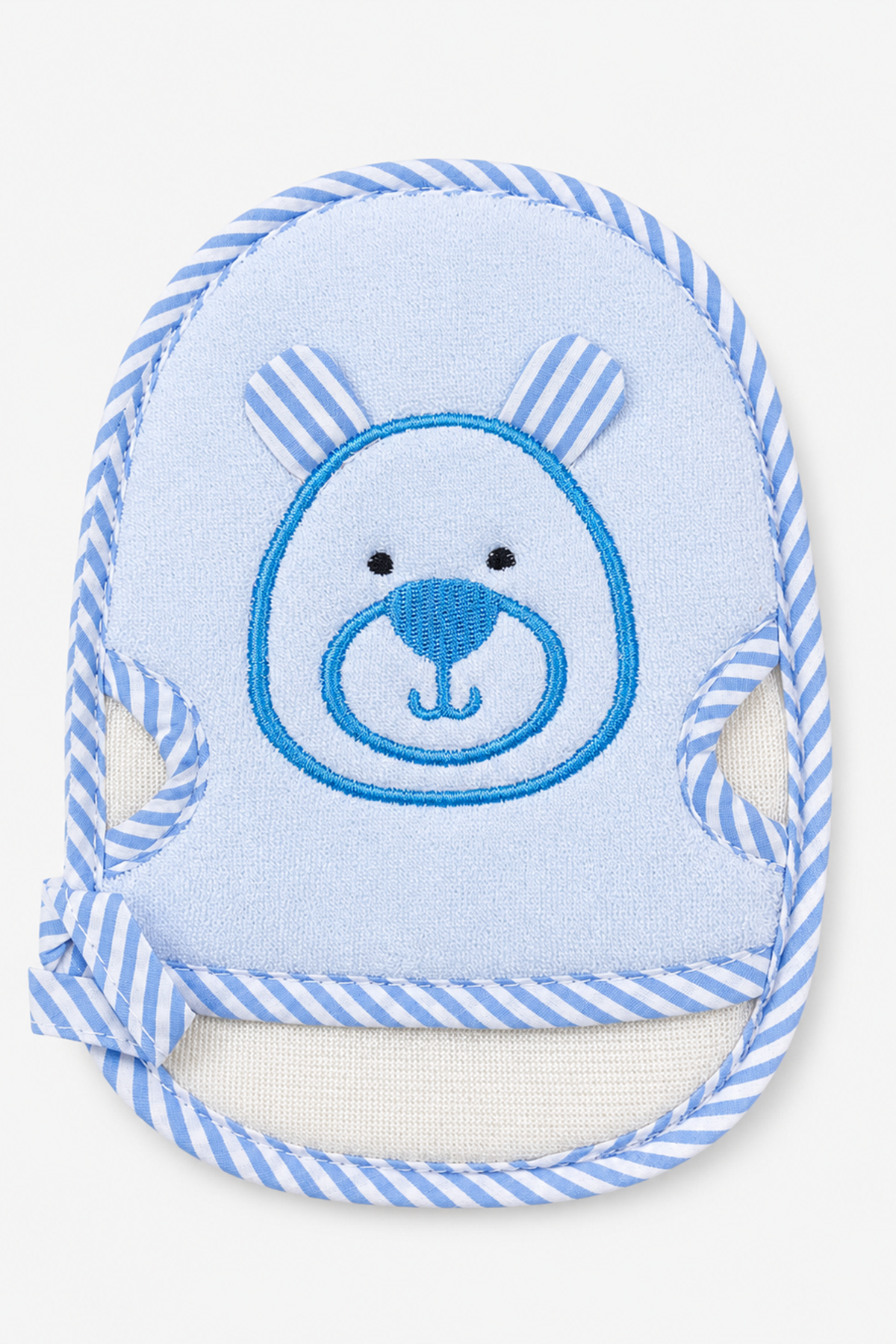 Blue baby hooded bath towel with embroidered bear face and striped rope trim