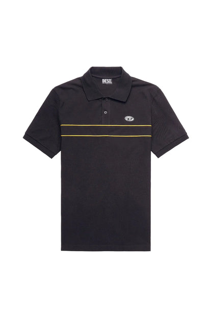 Black polo shirt with spread collar, short sleeves, yellow stripe across chest, small logo