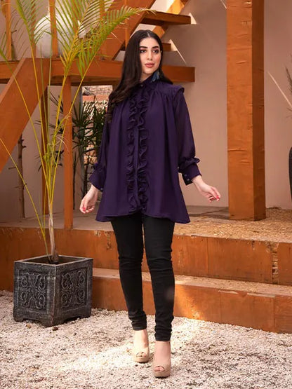 Purple long tunic top with ruffled front and high neck, loose swing fit