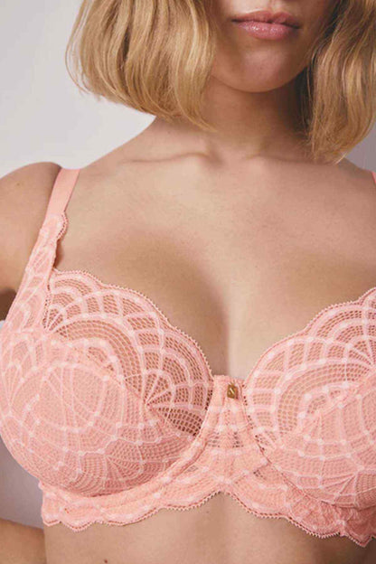 Coral pink lace underwire bra with scalloped trim and front clasp.