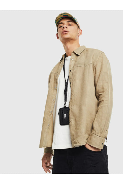 Men's beige button-up shirt with long sleeves and chest pocket, button front