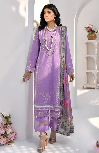 Light purple embroidered long kurta with matching dupatta and beaded neckline detail.