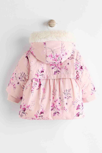 Pink floral puffer jacket with hood, back view