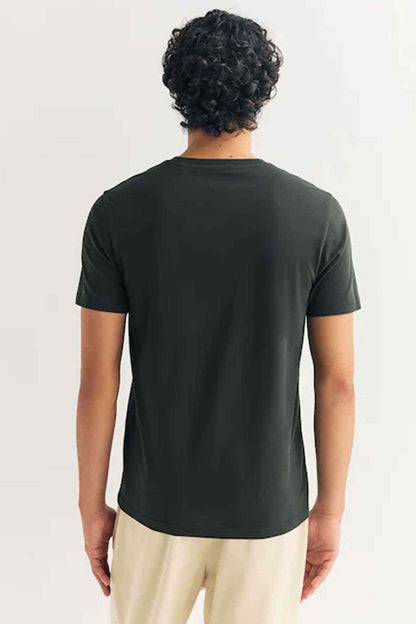Olive green crewneck short-sleeve T-shirt, back view, straight hem