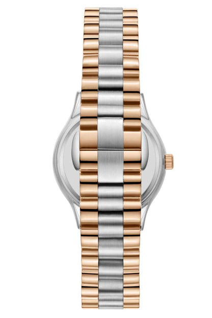 Two-tone metal wristwatch side view, rose-gold and silver link bracelet, round case.
